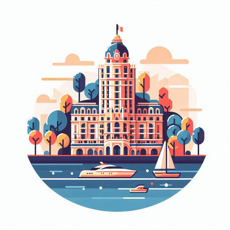 City landscape with buildings, river and boat. Vector illustration in flat styleのイラスト素材
