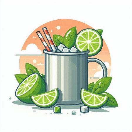 Mug of lime juice with ice cubes and mint leaves. Vector illustration.のイラスト素材