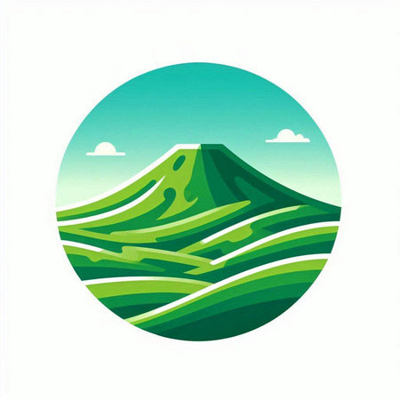 Vector illustration of a green hill with grass and clouds in a circleのイラスト素材