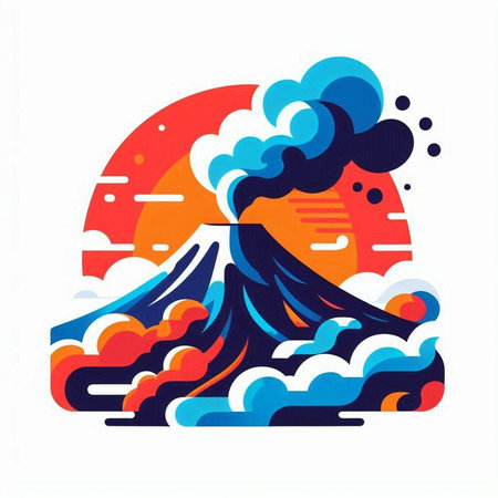 Volcanic eruption with smoke and sun. Vector illustration in flat styleのイラスト素材