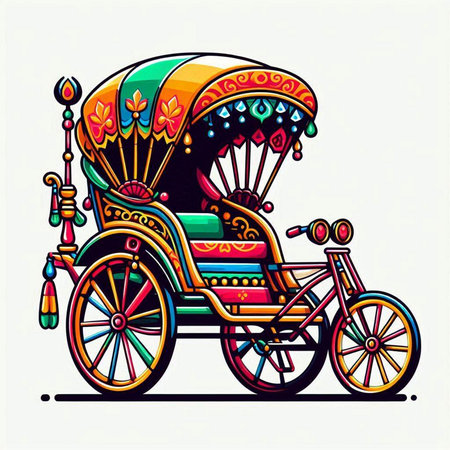 Colorful vector illustration of a traditional rickshaw with flowers and leaves