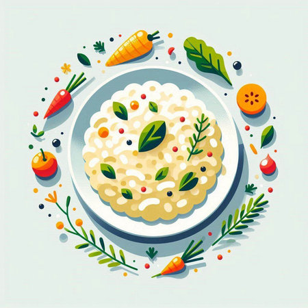 Risotto with fresh vegetables and herbs. Vector illustration in flat style.のイラスト素材