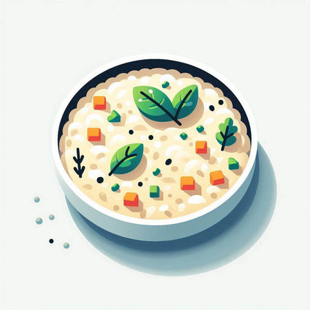 Rice porridge with vegetables and herbs in a bowl. Vector illustration.
