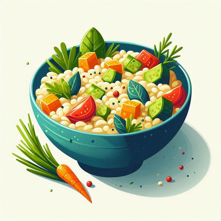 Illustration of a bowl of oatmeal porridge with vegetables and herbsのイラスト素材