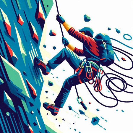 illustration of a rock climber climbing on a wall with ropesのイラスト素材
