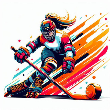 illustration of ice hockey player with helmet and stick in action on colorful backgroundのイラスト素材