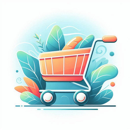 Shopping cart on the background of green leaves. Vector illustration.のイラスト素材