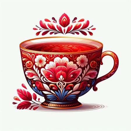 Cup of tea with floral ornament. Hand drawn vector illustration.のイラスト素材