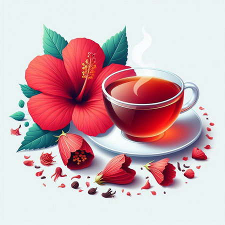 Cup of tea with red hibiscus flowers and leavesのイラスト素材