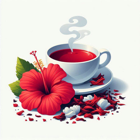 Cup of tea with red hibiscus flowers and leavesのイラスト素材