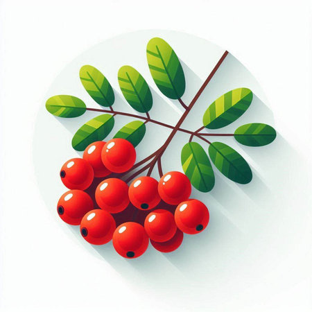 Red rowan berries with green leaves on white background. Vector illustration.のイラスト素材