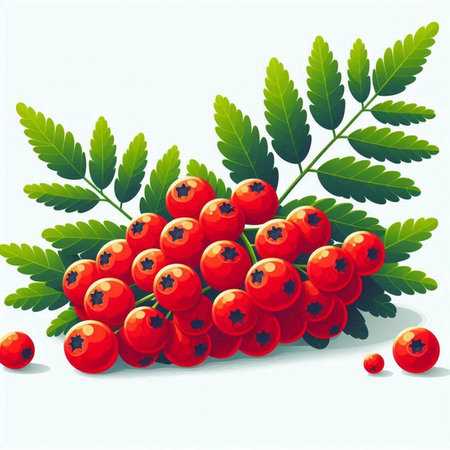 Bunch of red rowan berries with green leaves. Vector illustration.のイラスト素材