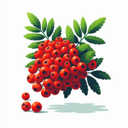 Red rowan berries with green leaves isolated on white background. Vector illustration.のイラスト素材