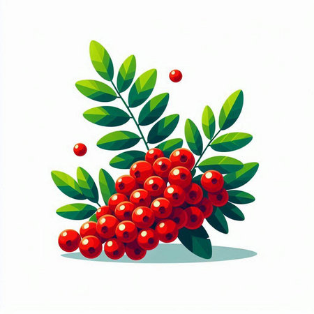 Rowan berries with green leaves on white background. Vector illustration.のイラスト素材