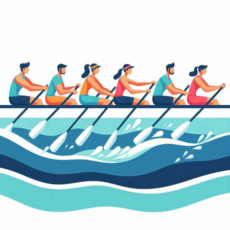 Group of people rowing on the river. Flat vector illustration.