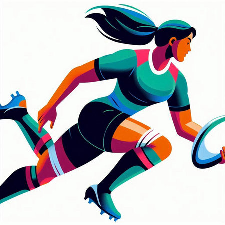 Abstract illustration of a woman running with a rugby ball in her handsのイラスト素材