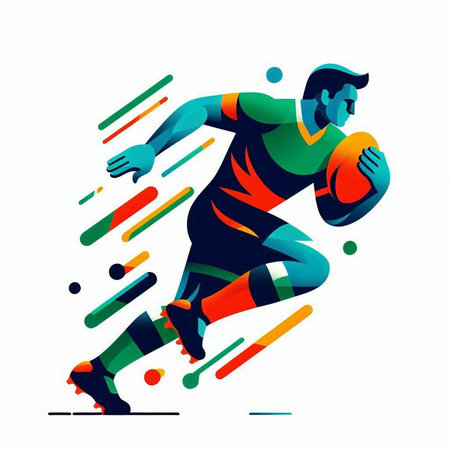 Rugby player with ball. Colorful vector illustration in retro style.のイラスト素材