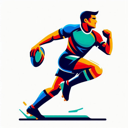 Rugby player running with ball. Vector illustration on white background.のイラスト素材