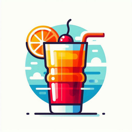 Cocktail with orange and cherry. Vector illustration in flat styleのイラスト素材
