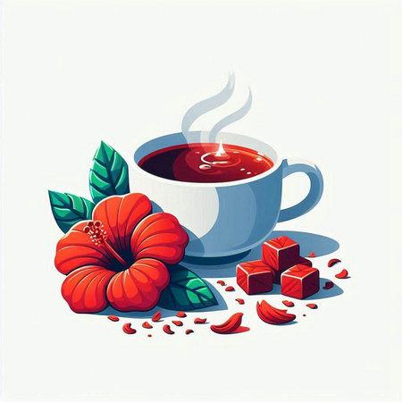 Cup of tea with red hibiscus flower. Vector illustration.のイラスト素材