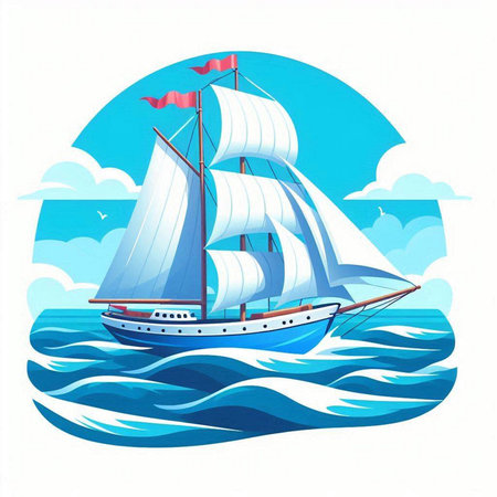 Sailing ship in the sea. Vector illustration on white background.のイラスト素材