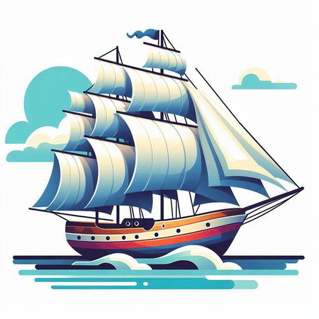 Sailing ship in the sea. Vector illustration of a sailboat.のイラスト素材