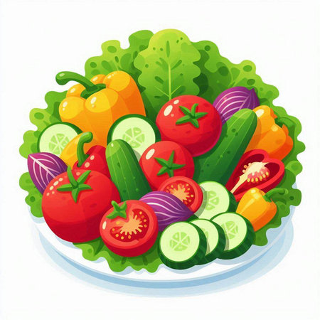 Vegetable salad in a plate on a white background. Vector illustration.のイラスト素材