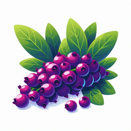 Blueberries with green leaves isolated on white background. Vector illustration.のイラスト素材