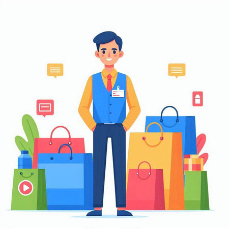 Man with shopping bags. Online shopping concept. Vector illustration in cartoon styleのイラスト素材