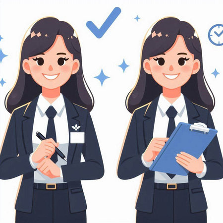 Young beautiful business woman with clipboard and pen. Vector illustration in cartoon style.のイラスト素材