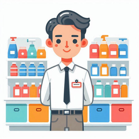 Male pharmacist standing in front of shelves with medicine bottles and smiling vector illustrationのイラスト素材
