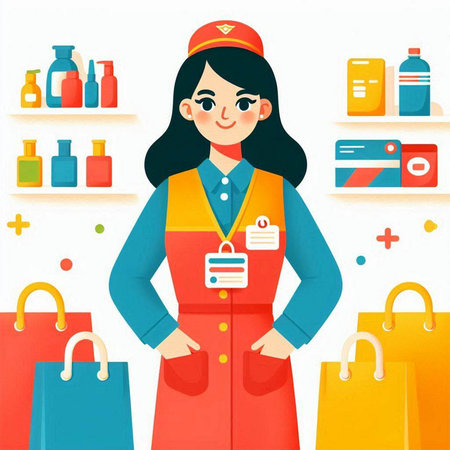 Young woman with shopping bags and credit card in supermarket. Vector illustration.のイラスト素材