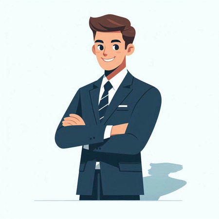 Businessman standing with arms folded. Vector illustration in cartoon style.のイラスト素材