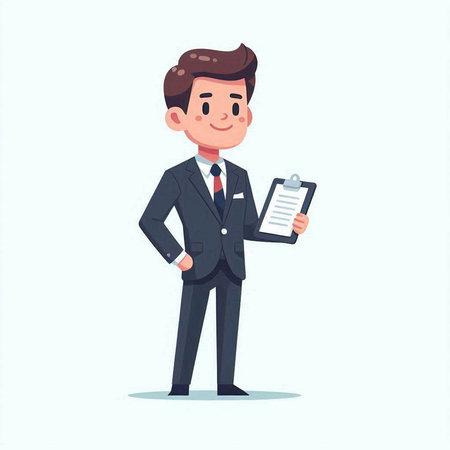 Businessman holding clipboard with checklist. Vector illustration in cartoon style.