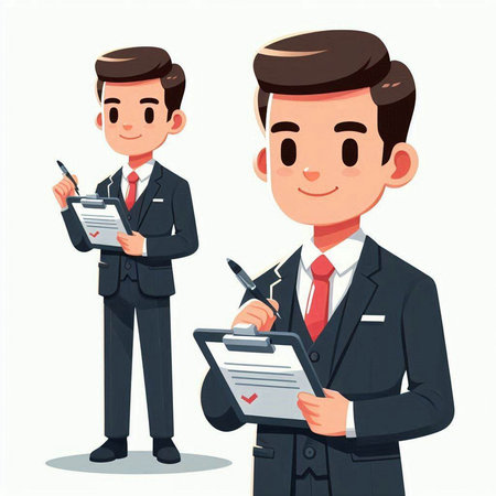 Businessman with clipboard and pen. Vector illustration in cartoon style.のイラスト素材