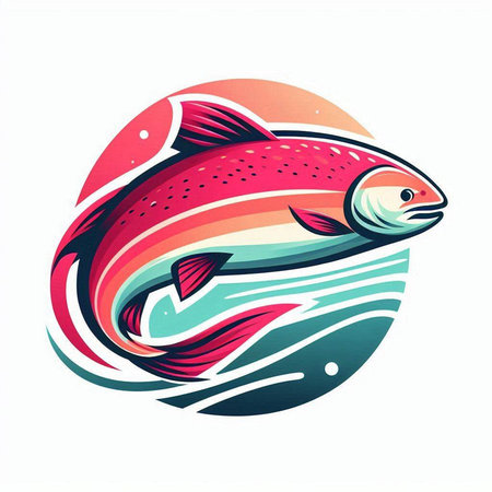 Illustration of a rainbow trout fish on a background of waves.のイラスト素材