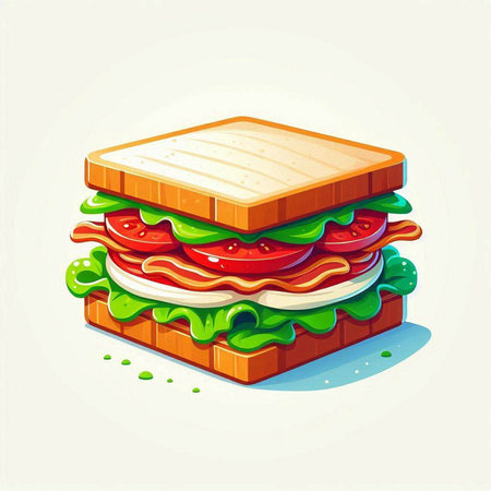 Sandwich with ham, cheese, tomato and lettuce. Vector illustration.のイラスト素材