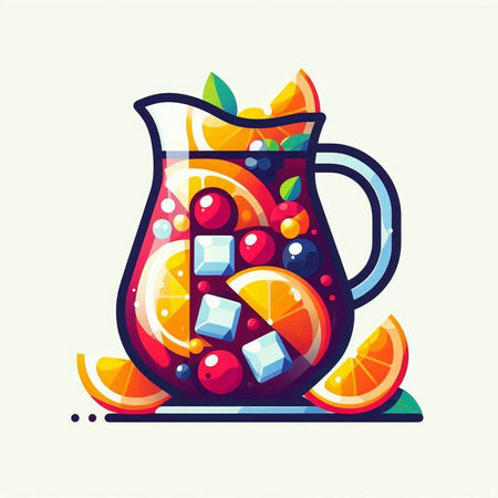 Vector illustration of a jug of sangria with fruits and ice cubes.のイラスト素材