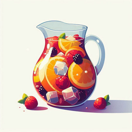Illustration of a jug of sangria with fruits and ice cubesのイラスト素材