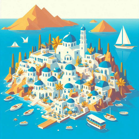 Santorini island isometric view. Greece travel vector illustrationのイラスト素材
