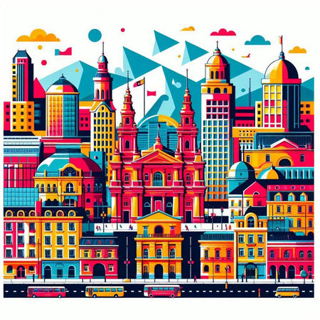 Cityscape with buildings. Vector illustration in flat style. Cityscape background.のイラスト素材