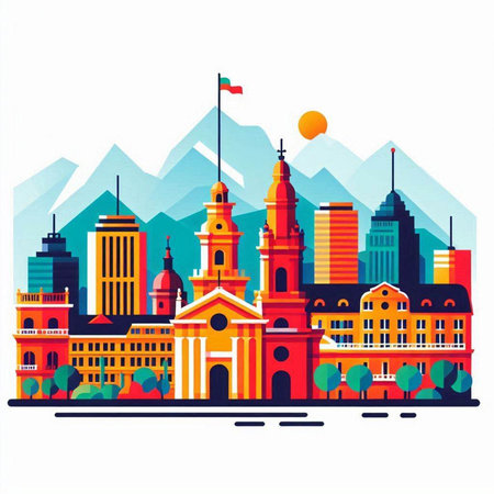 Cityscape of Madrid, Spain. Vector illustration in flat style.のイラスト素材