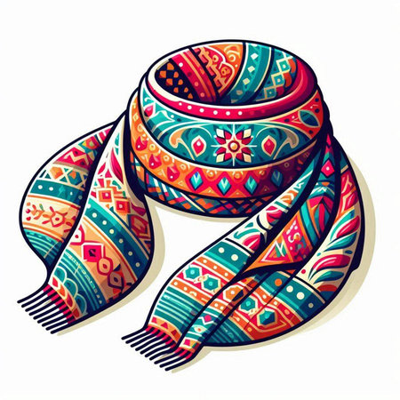 Illustration of a colorful scarf with ornaments on a white backgroundのイラスト素材
