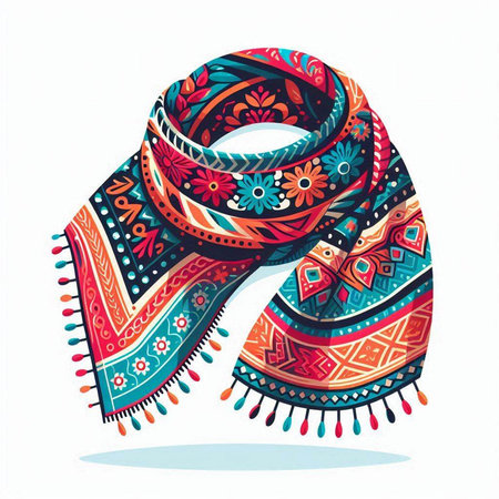 Vector hand drawn illustration of a colorful scarf. Isolated on white background.のイラスト素材