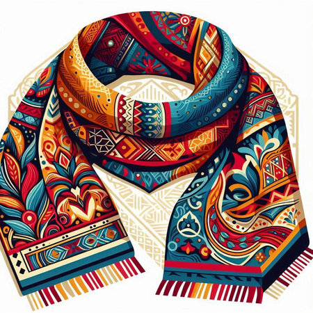 Vector hand drawn scarf with ethnic ornaments. Colorful illustration