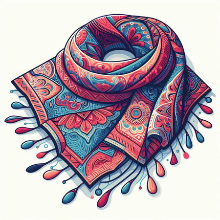 Vector illustration of hand drawn scarf with colorful patterns on a white backgroundのイラスト素材