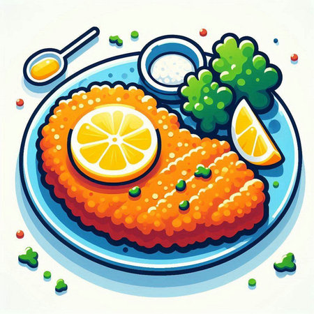 Illustration of fried fish fillet with lemon on a plate.のイラスト素材