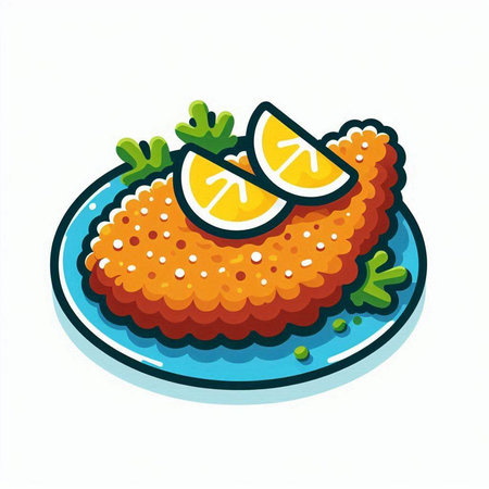Illustration of fried fish fillet with lemon on a plate.のイラスト素材
