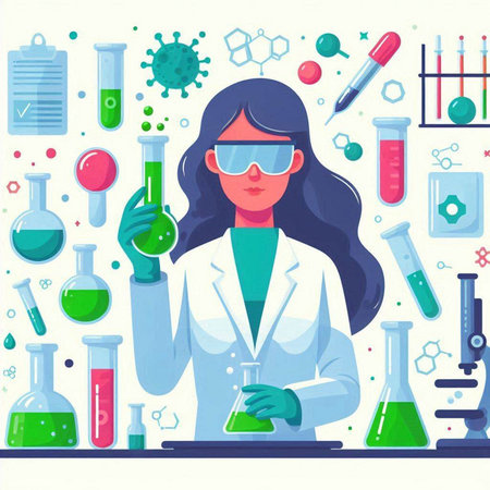 Scientist woman working in laboratory. Vector illustration in flat style.