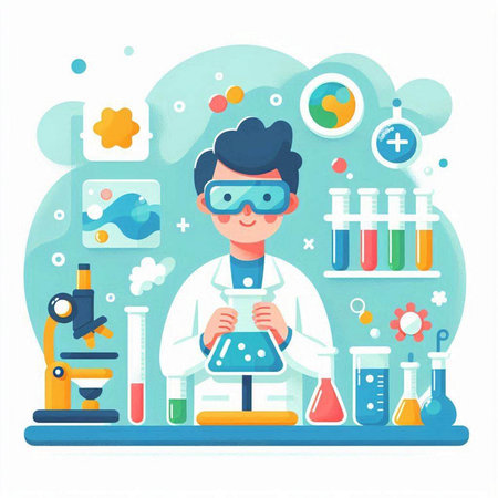 Scientist in chemical laboratory. Vector illustration in flat cartoon style.のイラスト素材